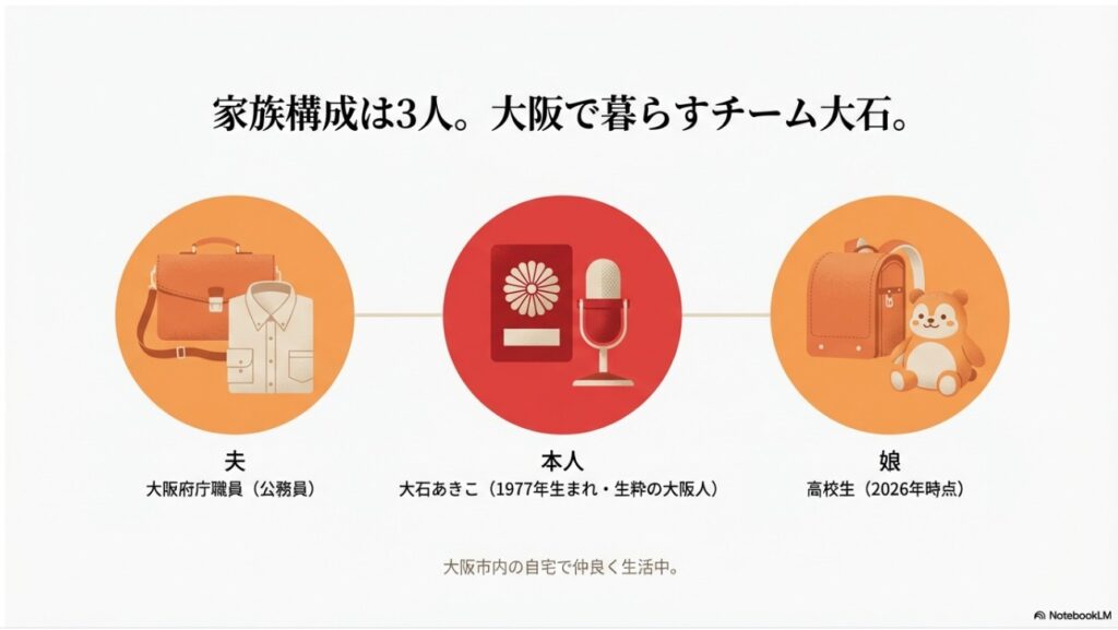 大石あきこの家族構成図解：大阪府庁職員の夫と高校生の娘との3人暮らし