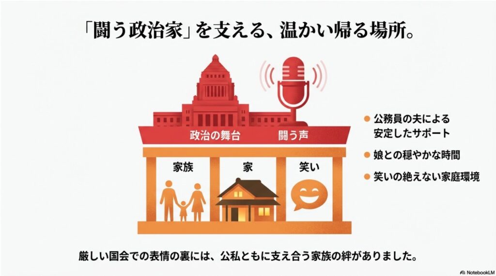 闘う政治家・大石あきこを支える公務員の夫と娘の温かい家庭環境のイメージ図
