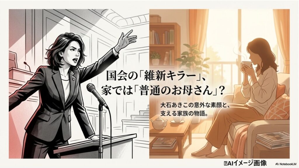 国会での「維新キラー」としての姿と、自宅での「普通のお母さん」としての大石あきこの対比イラスト