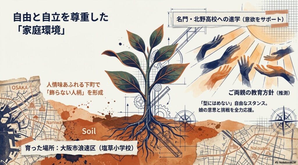 大阪市浪速区の実家と北野高校への進学を支えた、大石あきこの両親の自由と自立を尊重する教育環境のイメージ図