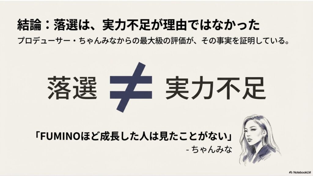 結論：落選理由は実力不足ではなくちゃんみなからの最大級の評価があったことの証明