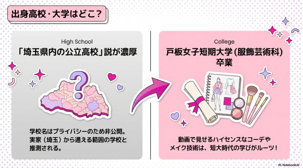 ライリーの学歴紹介図解。出身高校は埼玉県内の公立と推測され、大学は戸板女子短期大学の服飾芸術科を卒業した経歴