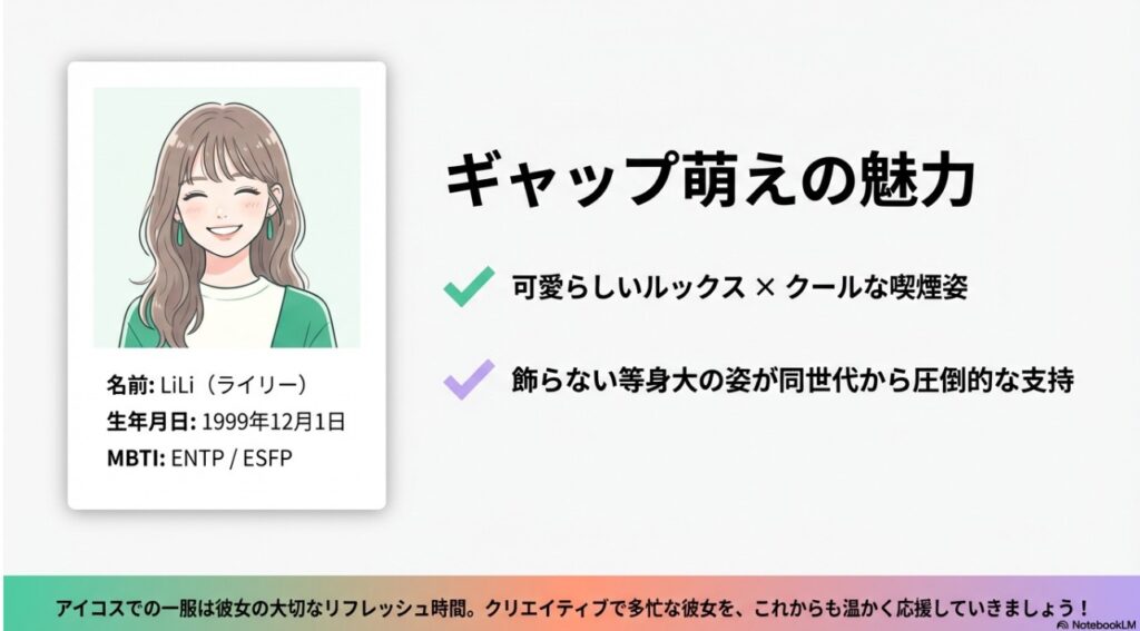 LiLi（ライリー）のプロフィールと可愛らしいルックス×クールな喫煙姿のギャップ萌えの魅力