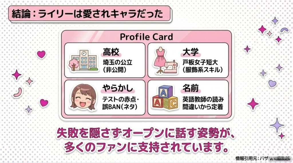 ライリーのプロフィールまとめ図解。高校、大学、やらかしの真相、名前の由来などの情報を網羅したプロフィールカード