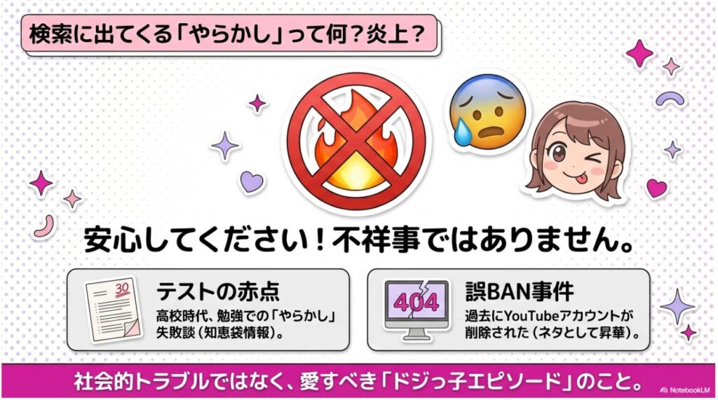 ライリーの「やらかし」の真相解説図。炎上や不祥事ではなく、高校時代のテストの赤点やYouTube誤BANなどのドジっ子エピソードであることを説明