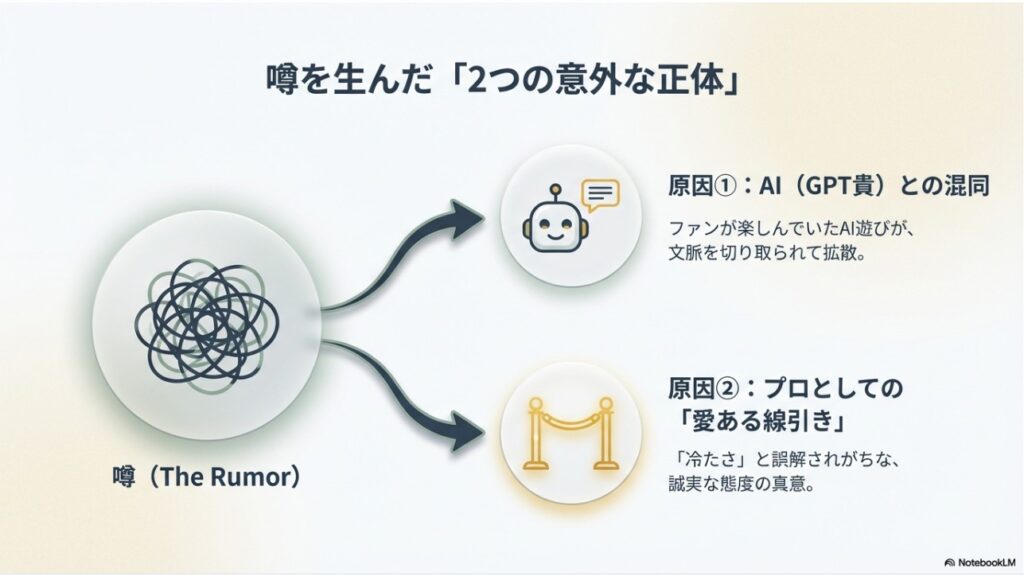 Bubbleブチ切れの噂を生んだ2つの原因（AIとの混同とプロとしての線引き）の図解