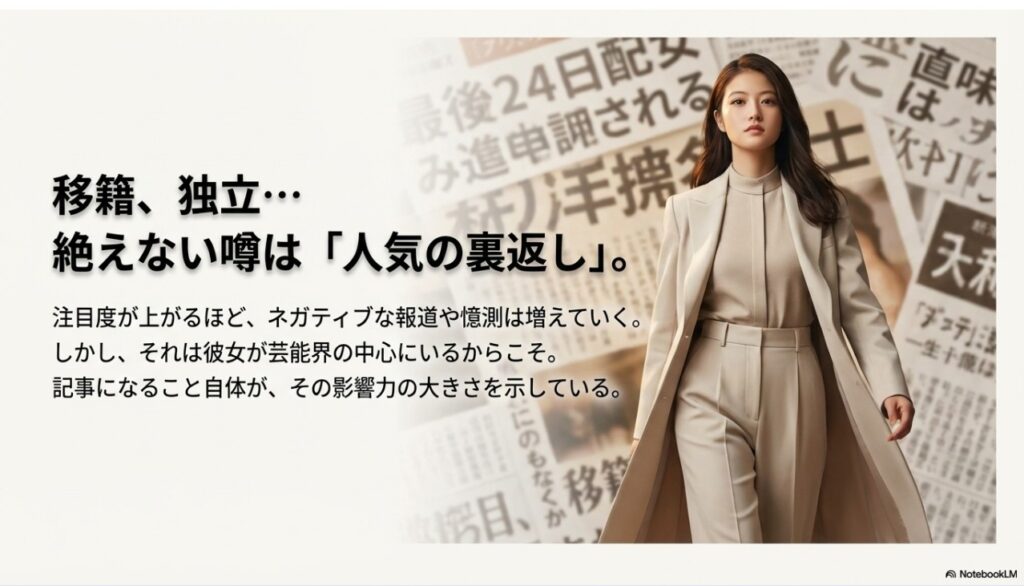 移籍や独立などの噂は、今田美桜への注目度と人気の裏返しであるという解説イメージ