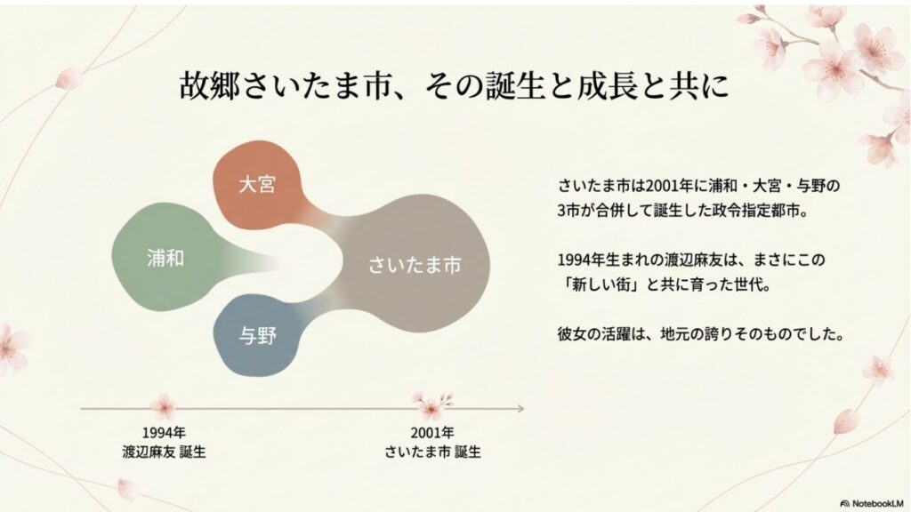 さいたま市が浦和・大宮・与野の合併で誕生した歴史と、渡辺麻友の成長を重ねた図解