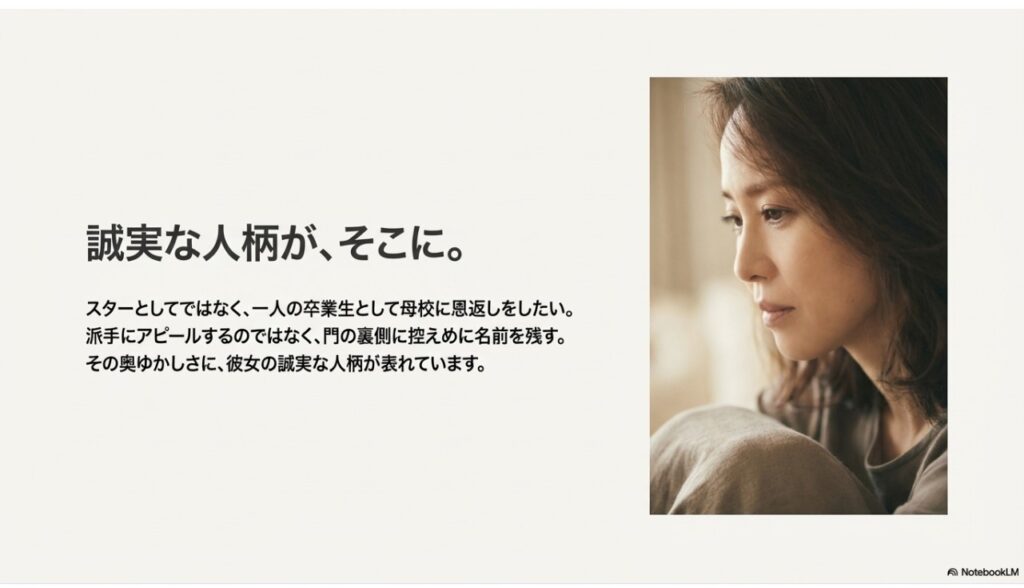 誠実な人柄がそこに。派手にアピールせず控えめに名前を残す奥ゆかしさ