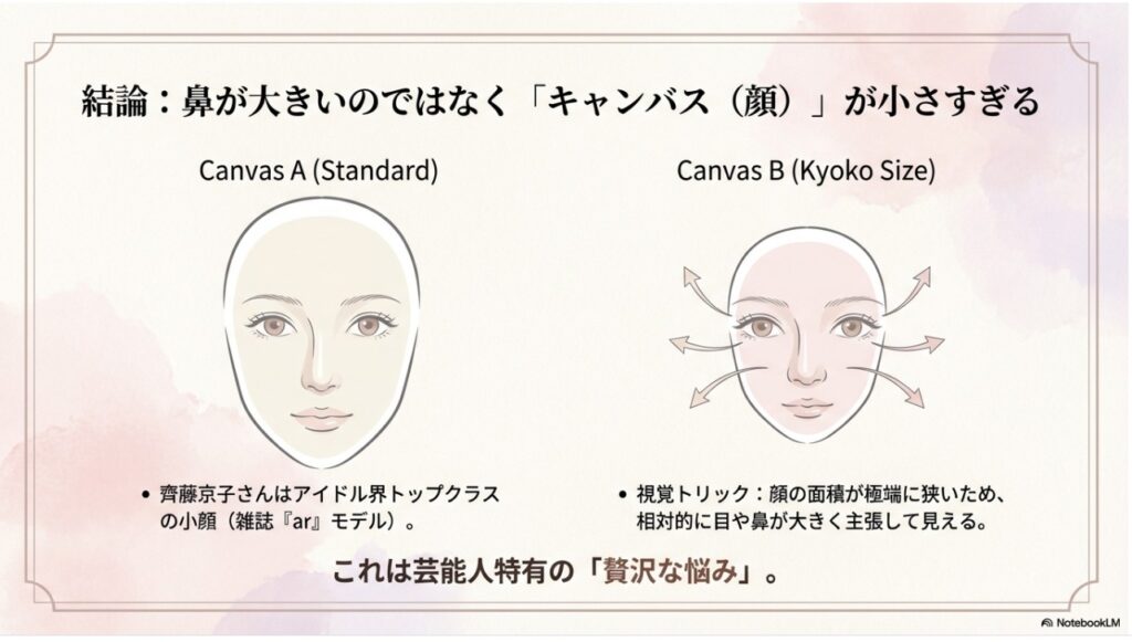 齊藤京子の鼻が大きく見える理由は顔の面積が狭いからという図解。一般的な顔のサイズと比較