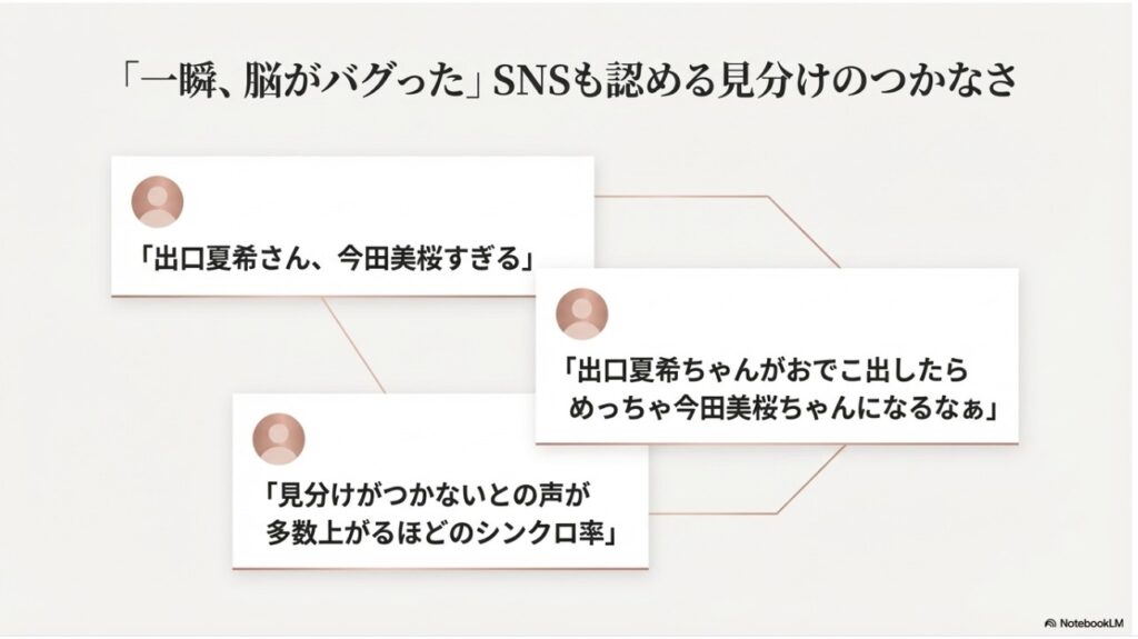 SNS上での視聴者の反応まとめ。「脳がバグった」「見分けがつかない」など、出口夏希と今田美桜の激似ぶりに驚く声を掲載