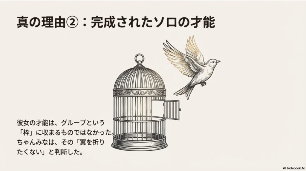 真の理由2：グループという枠に収まらない完成されたソロの才能と翼を折りたくないという判断