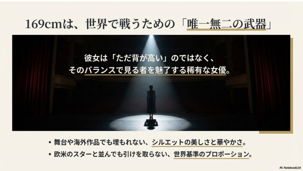 169cmの身長は世界で戦うための武器。舞台上で圧倒的な存在感を放つ長澤まさみのシルエット