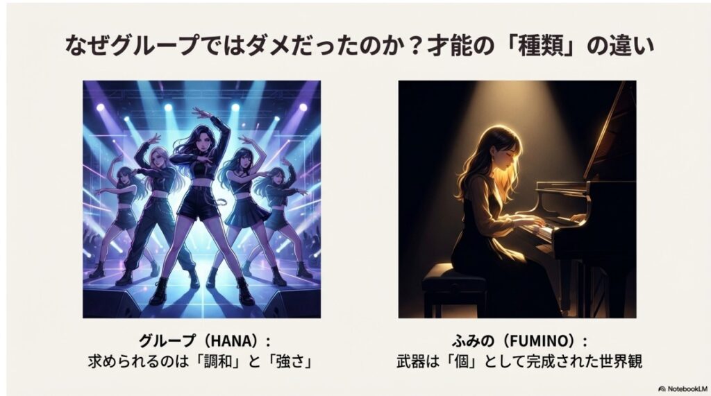 グループ（HANA）に求められる調和とふみの（FUMINO）が持つ個として完成された世界観の比較