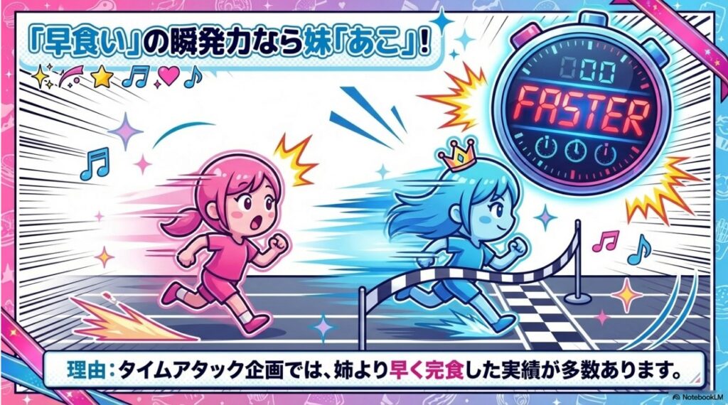 早食いの瞬発力で姉より早く完食する実績を持つ妹・小野あこさんのスピードスターぶりを描いたイラスト