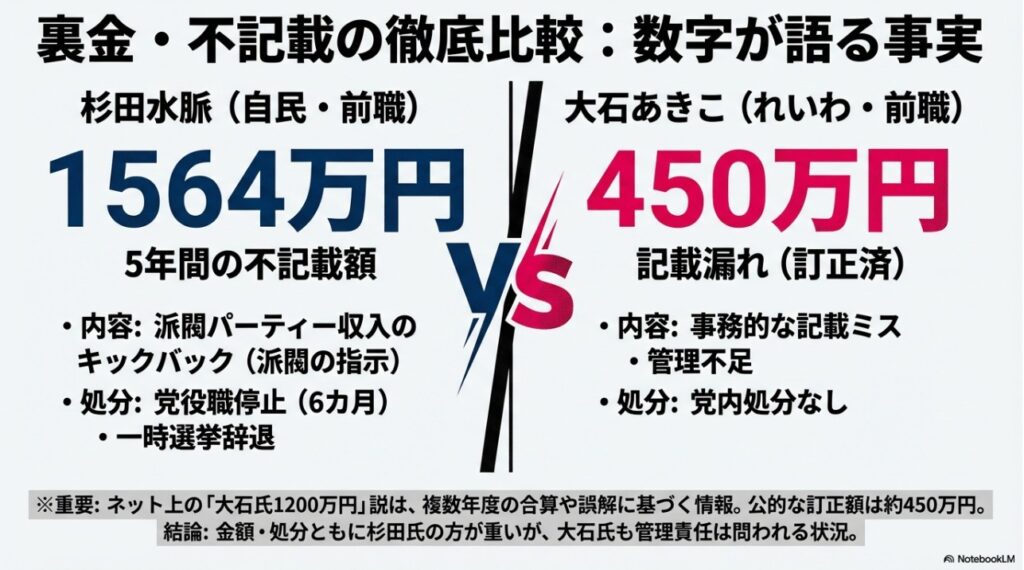杉田水脈さんと大石あきこさんの不記載額と処分の比較。1564万円と450万円の事実関係を示す図