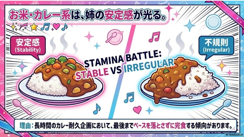 カレー・お米系の長時間耐久企画において最後までペースを落とさない姉・小野かこさんの安定感を示す画像