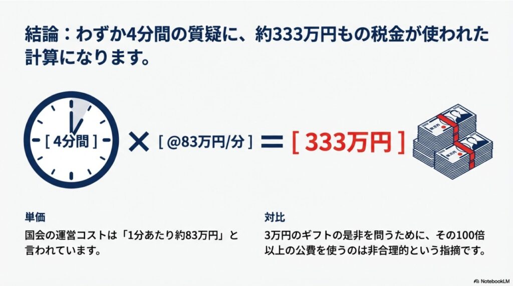 4分間の国会質疑に約333万円の税金が費やされた計算式