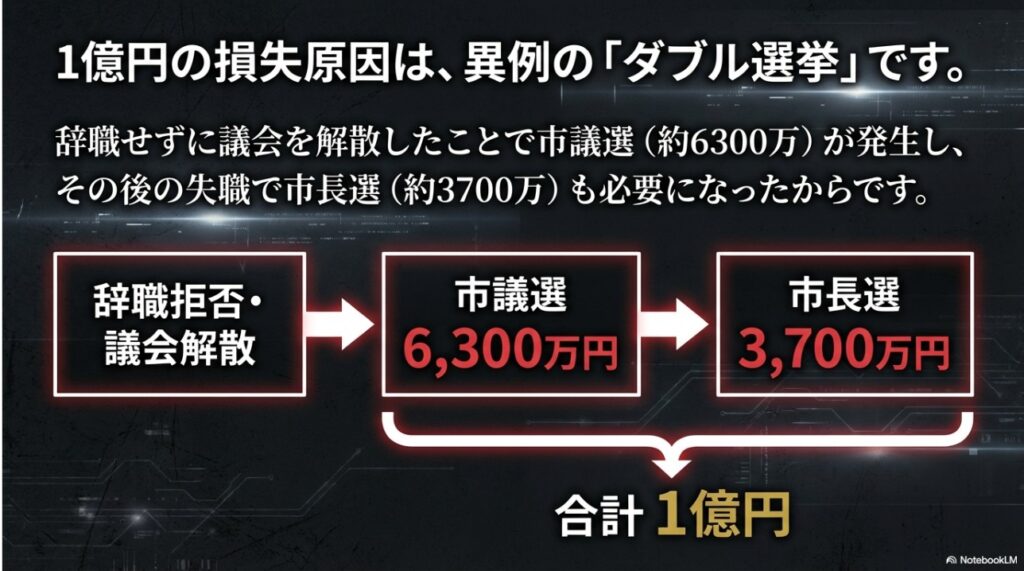 議会解散に伴う市議選（6,300万円）と市長選（3,700万円）の合計で1億円の損失が発生したことを示すフローチャート