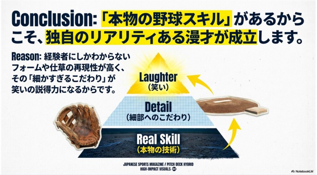 本物の野球技術がネタの細部へのこだわりと笑いに繋がるピラミッド構造図