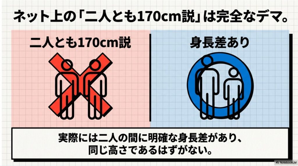 ネット上の「二人とも170cm説」は完全なデマ。実際にはエバースの二人の間に明確な身長差がある
