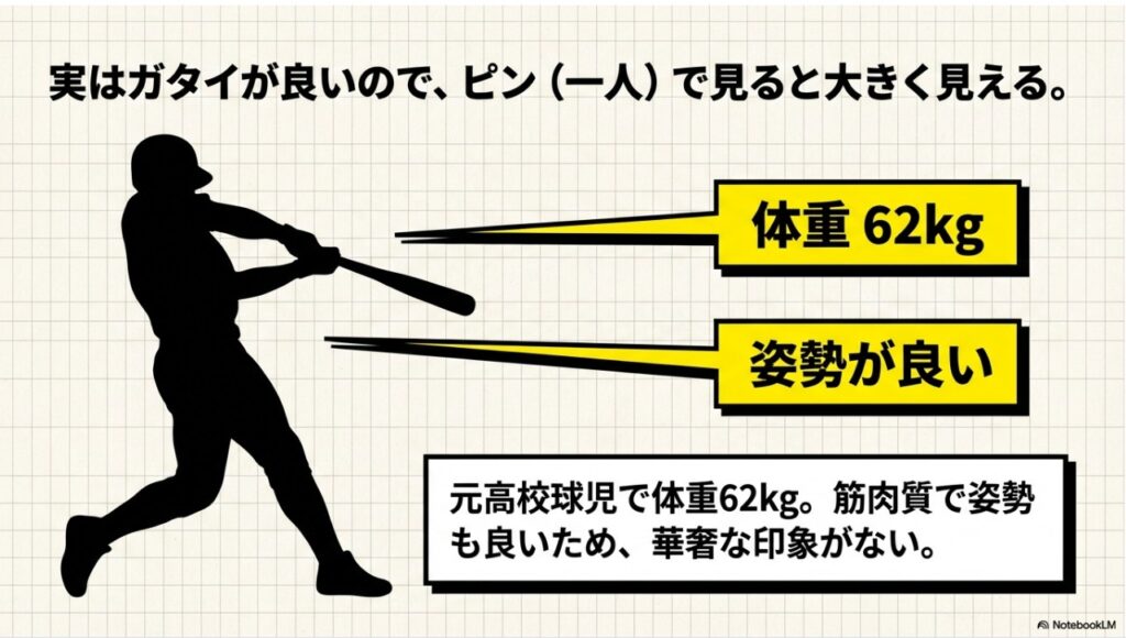 エバース佐々木は実はガタイが良いので、ピン（一人）で見ると大きく見える。体重62kgで姿勢も良い