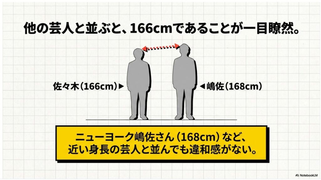 他の芸人と並ぶと166cmであることが一目瞭然。ニューヨーク嶋佐さん（168cm）など近い身長の芸人と並んでも違和感がない