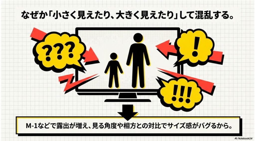 エバース佐々木が小さく見えたり大きく見えたりして混乱する理由は、見る角度や相方との対比でサイズ感がバグるから