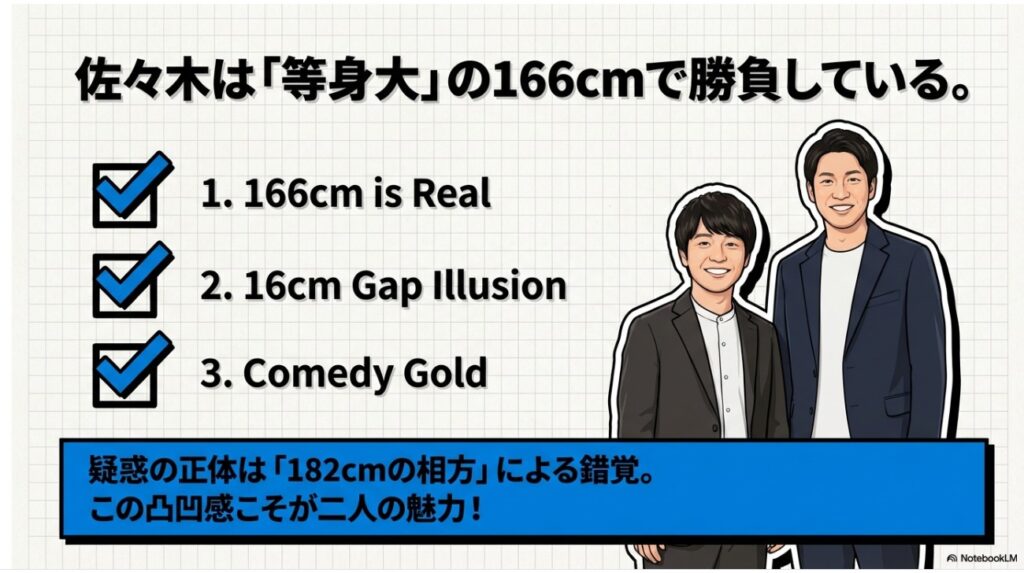 エバース佐々木は「等身大」の166cmで勝負している。疑惑の正体は「182cmの相方」による錯覚。この凸凹感こそが魅力