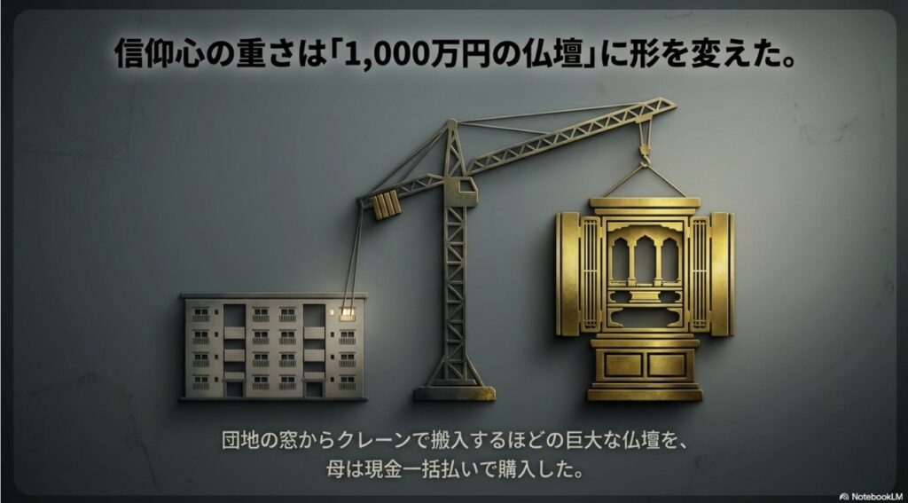 団地の窓からクレーンで搬入される1000万円の高額な仏壇のイメージイラスト