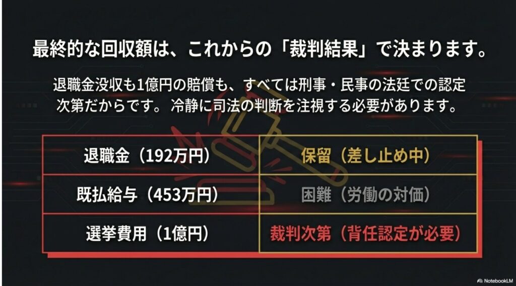 退職金・既払給与・選挙費用のそれぞれについて、現在の状況と回収の実現性をまとめた比較表