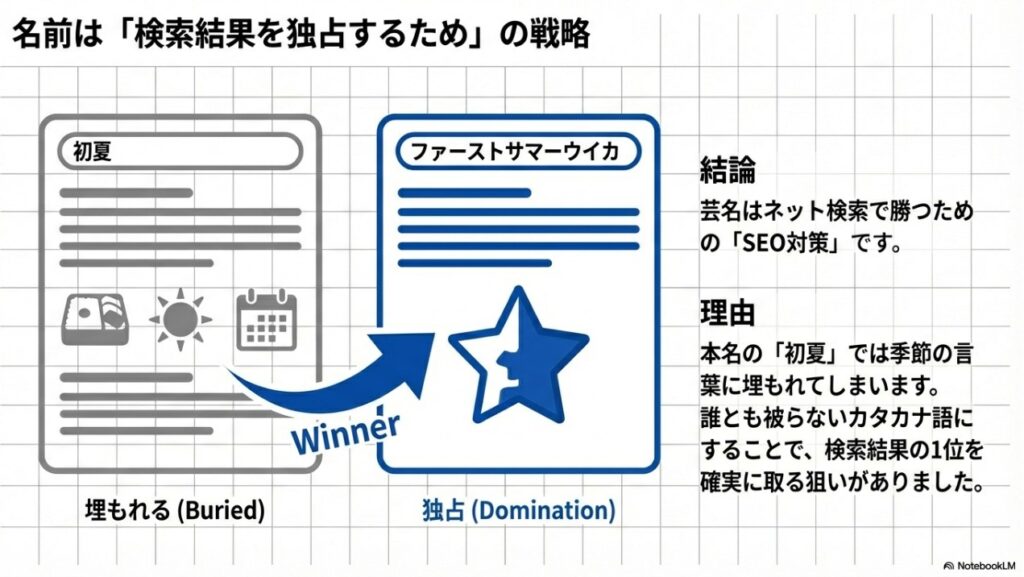 本名と芸名を比較したファーストサマーウイカのSEO検索戦略図