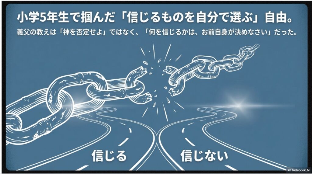 信じるものを自分で選ぶ自由を掴み取ったことを象徴する壊れた鎖のイラスト