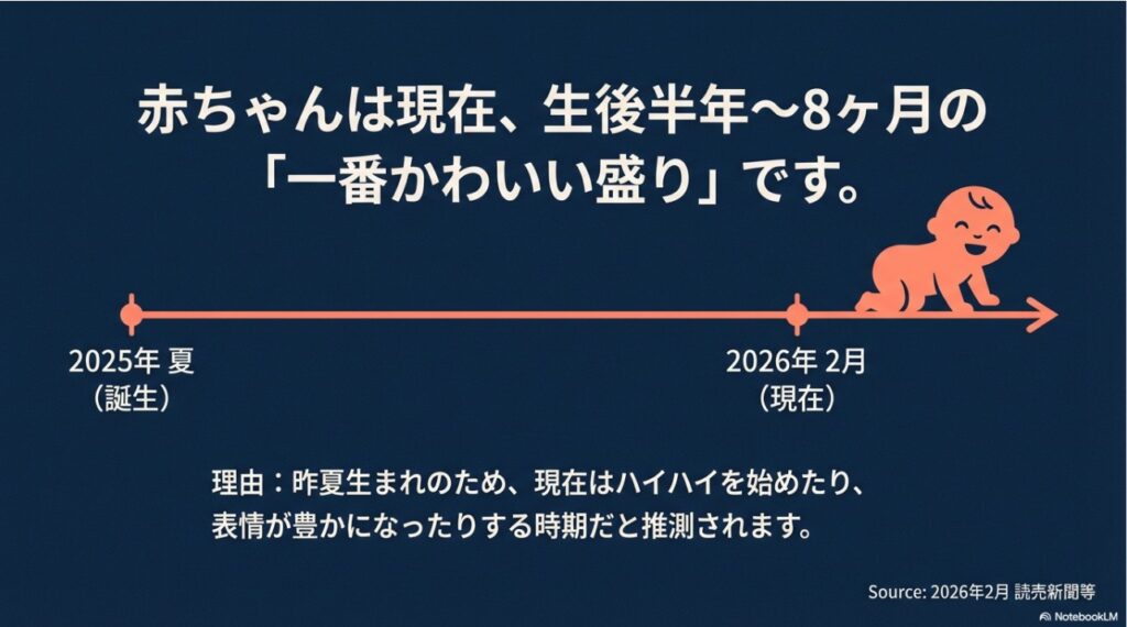 2025年夏生まれの孫の現在の月齢と成長段階のかわいい盛りを示す図