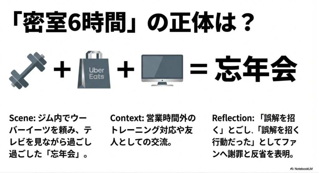 密室6時間の正体はジム内でウーバーイーツを食べた忘年会であるという解説