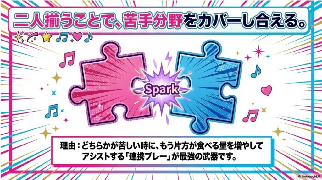 苦手分野をカバーし合う連携プレーが最強の武器であることを示すはらぺこツインズのチームワークを表現したパズル画像