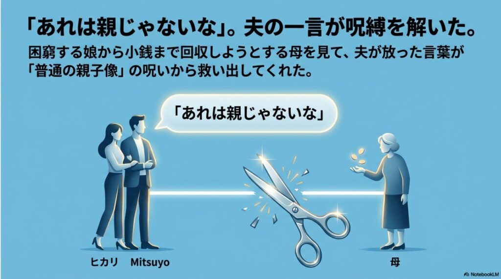 夫の太田光さんの一言で親子の呪縛が断ち切られた瞬間を描いたイラスト
