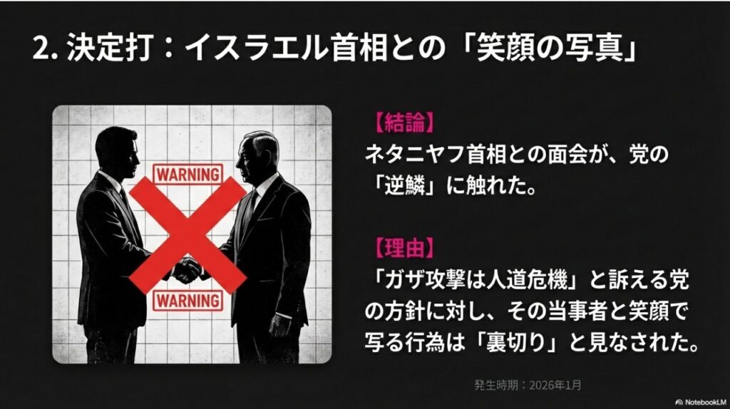 ネタニヤフ首相との面会が党の逆鱗に触れたことを示すイメージ図