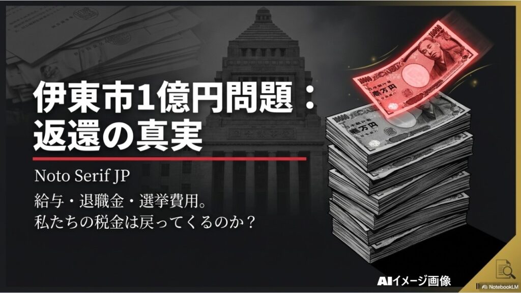 伊東市1億円問題：返還の真実というタイトルと、給与・退職金・選挙費用の行方について問いかけるアイキャッチ画像