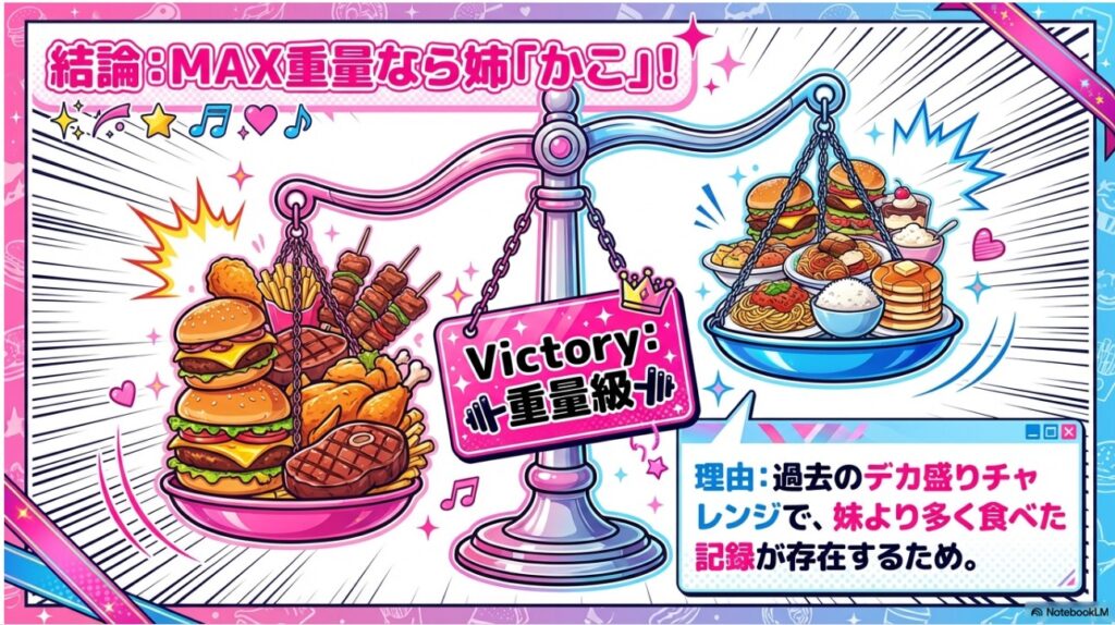 デカ盛りチャレンジで妹より多く食べた記録を持つ姉・小野かこさんのMAX重量勝利を説明する天秤のイラスト