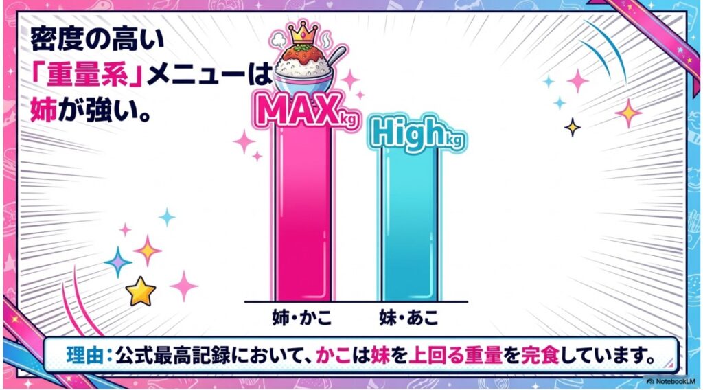 重量系メニューにおける小野かこさんと小野あこさんの公式最高記録を比較した棒グラフ