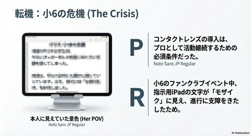 コンタクトレンズ導入の転機となった小6のファンクラブイベント：iPadのカンペがモザイクに見えた視界の再現