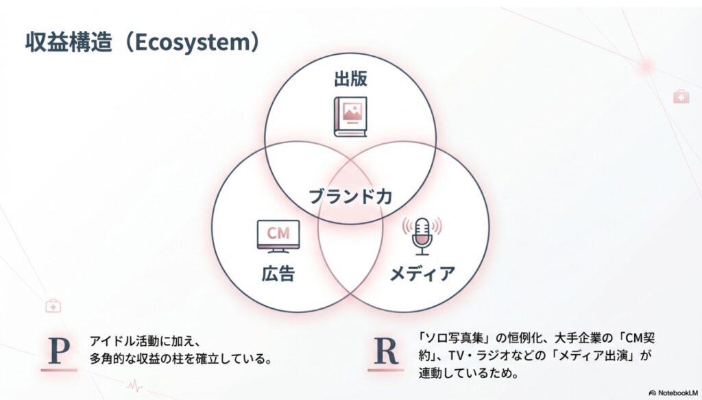 牧野真莉愛の収益構造エコシステム：出版・広告・メディア出演による多角的な収益の柱
