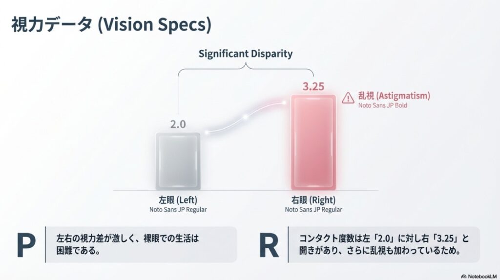 牧野真莉愛の視力データ図解：左眼2.0と右眼3.25の大きな左右差と乱視の有無