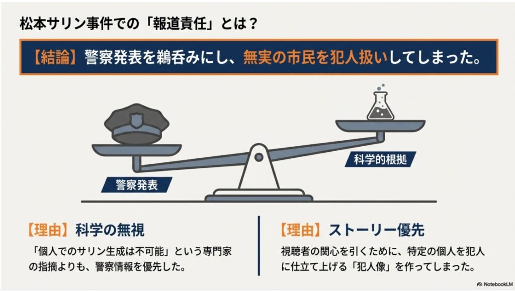 松本サリン事件におけるメディアの報道責任と警察発表への偏重を解説した図解