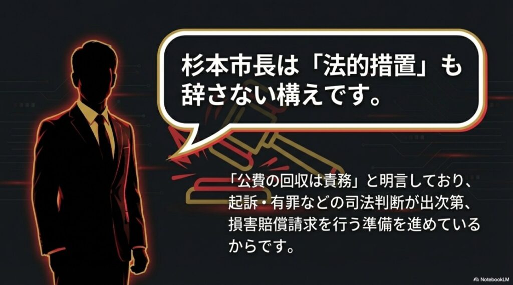 「公費の回収は責務」と明言し、法的措置も辞さない構えを見せる杉本市長の姿勢を示すシルエット画像