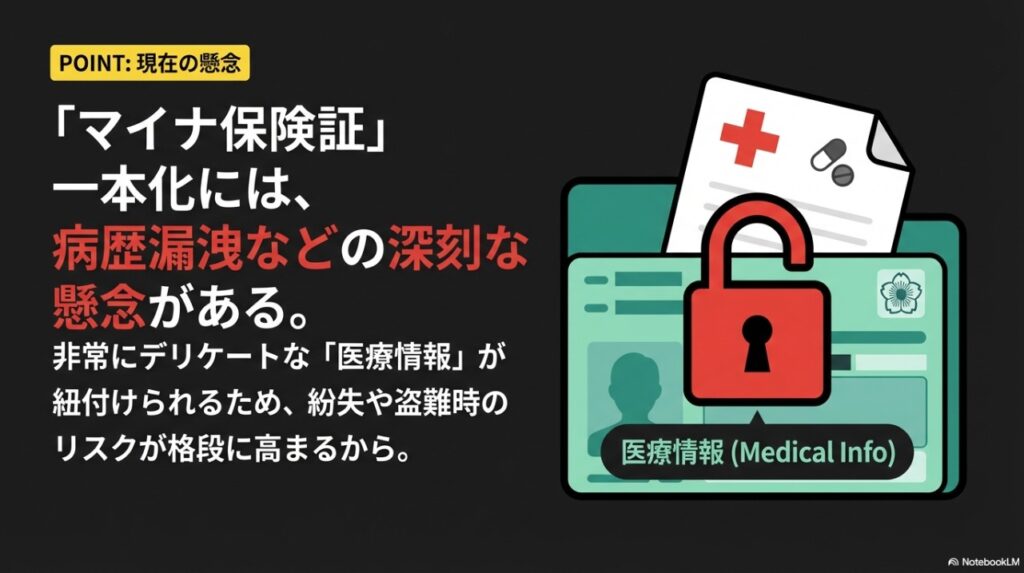 医療情報の紐付けに伴うセキュリティと国民の不安を表現した図