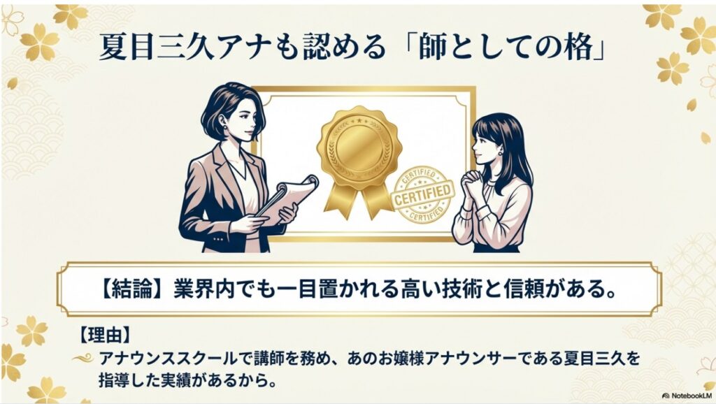夏目三久アナを指導した実績にみる久保田直子アナの業界内での技術と信頼の図解画像