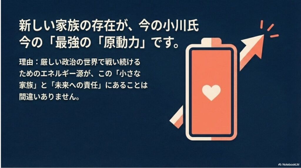 新しい家族の存在が小川淳也氏の最強の原動力であることを示すバッテリーのイラスト