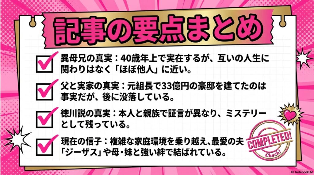 ぱーてぃーちゃん信子の記事要点まとめ：40歳年上の異母兄、33億円の実家と父、徳川末裔説の真相、現在の家族の絆
